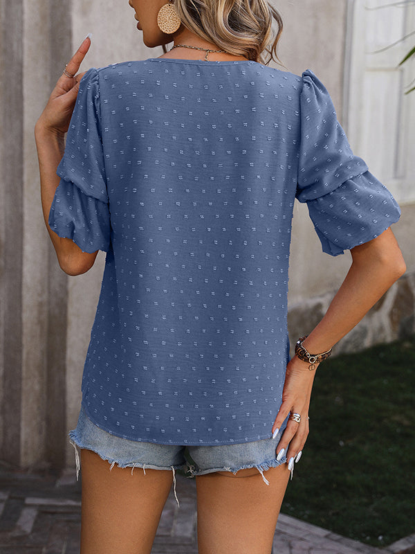 Jacquard Solid Color Puff Sleeves Wrap V-Neck T-Shirts Tops