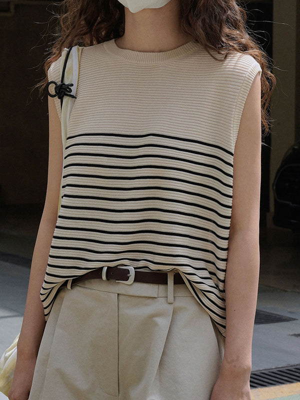 Striped Loose Sleeveless Round-neck Vest Top