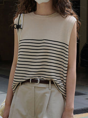 Striped Loose Sleeveless Round-neck Vest Top
