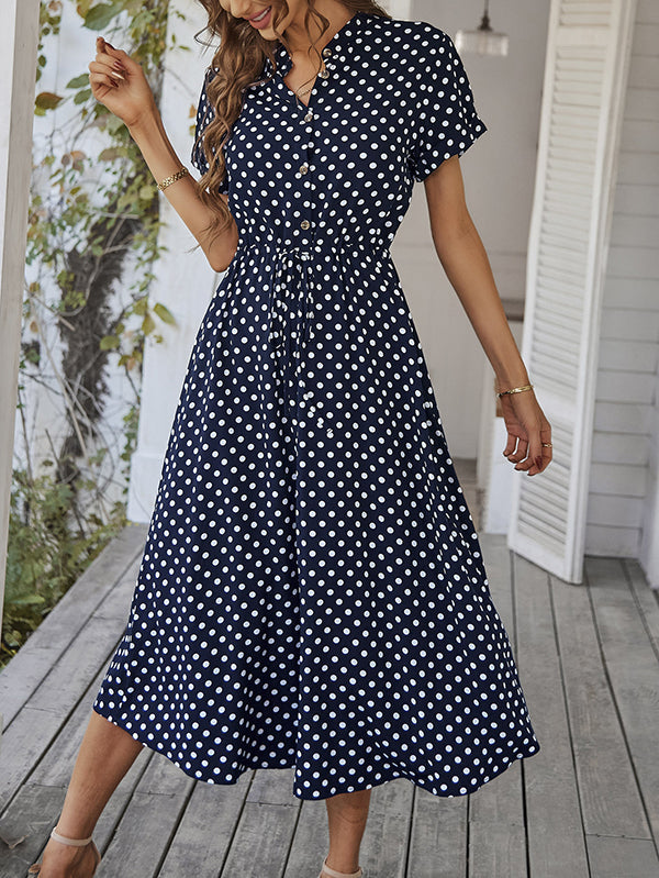 Buttoned Drawstring Polka-Dot A-Line High Waisted V-Neck Shirt Dress Midi Dresses