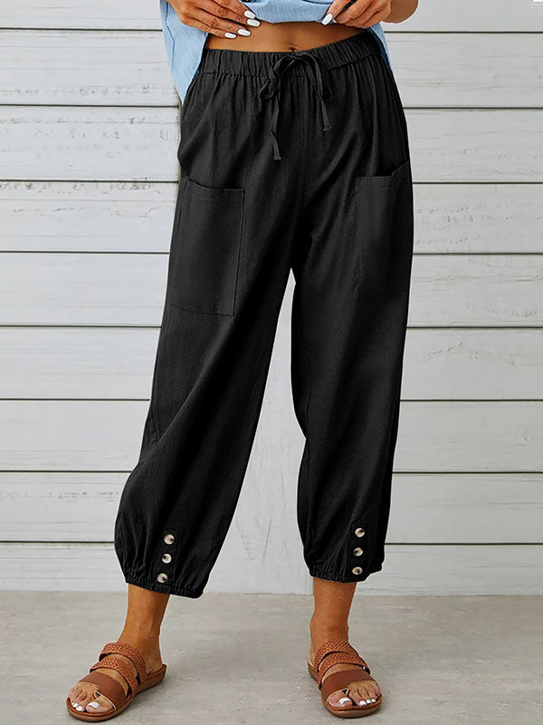 Buttoned Drawstring Elasticity Pockets Split-Joint High Waisted Loose Trousers Ninth Pants