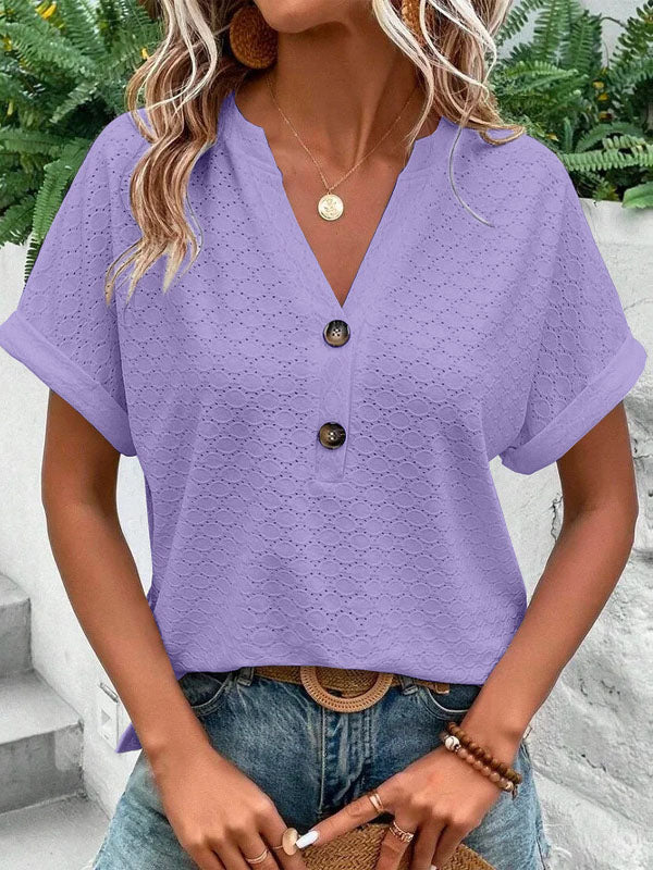 Buttoned Jacquard Split-Joint Loose Plus Size V-Neck T-Shirts Tops