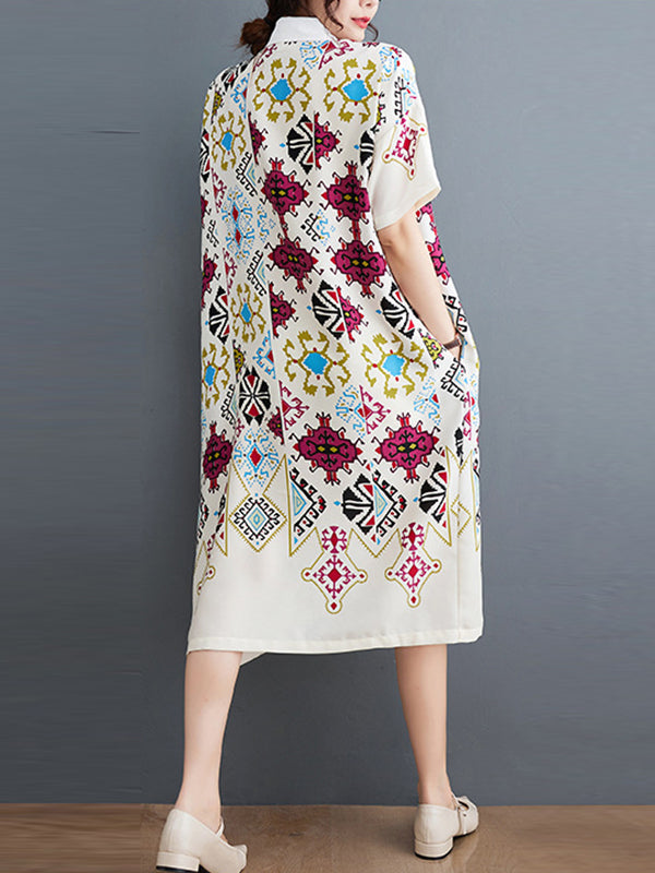 Ethnic Printed Loose Short Sleeves Lapel Midi Dresses