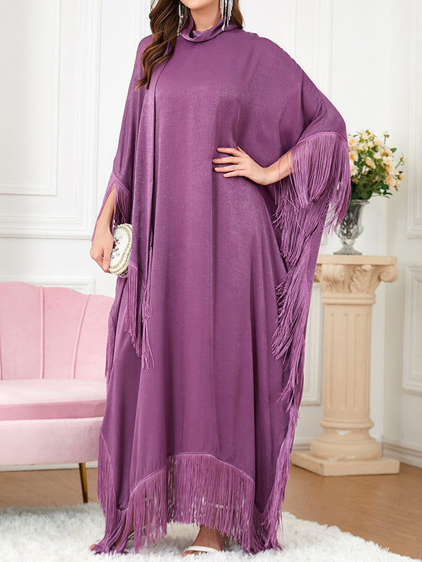 Ribbon Solid Color Tasseled A-Line Batwing Sleeves Maxi Dresses