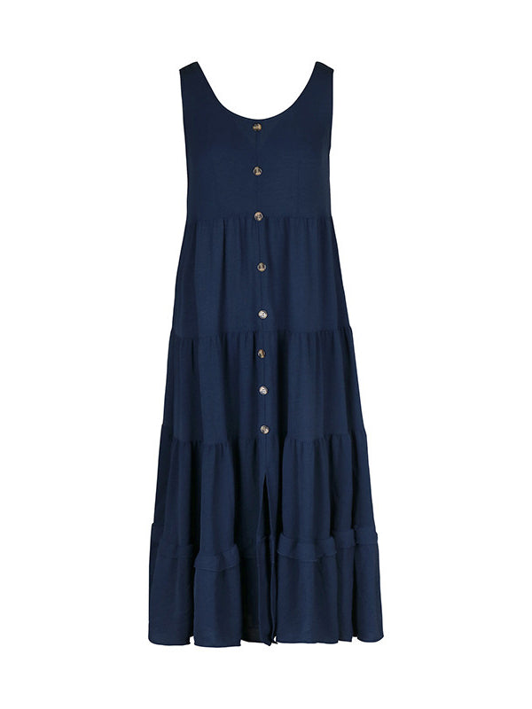 Buttoned Solid Color Tiered Loose Sleeveless Round-neck Midi Dresses