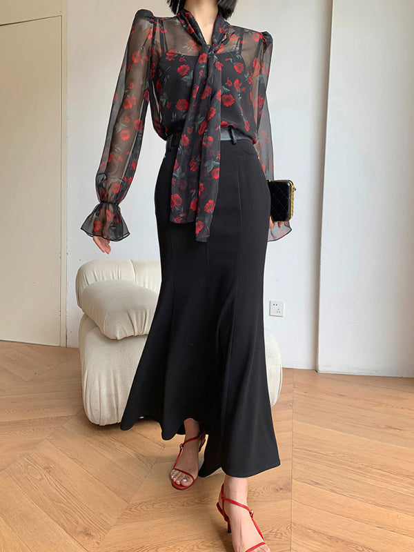 Elasticity Flower Print Mesh Tied Flared Sleeves Long Sleeves V-Neck Blouses&Shirts Tops