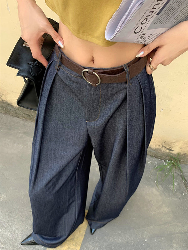 High-Waisted Pleated Solid Color Loose Wide Leg Trousers Pants