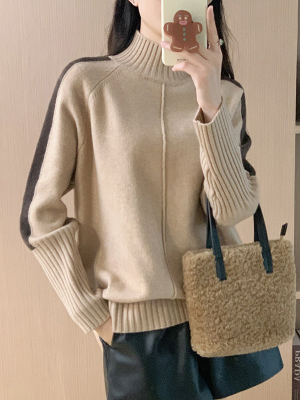 Contrast Color Split-Joint Split-Side High-Low Long Sleeves High Neck Sweater Tops Pullovers