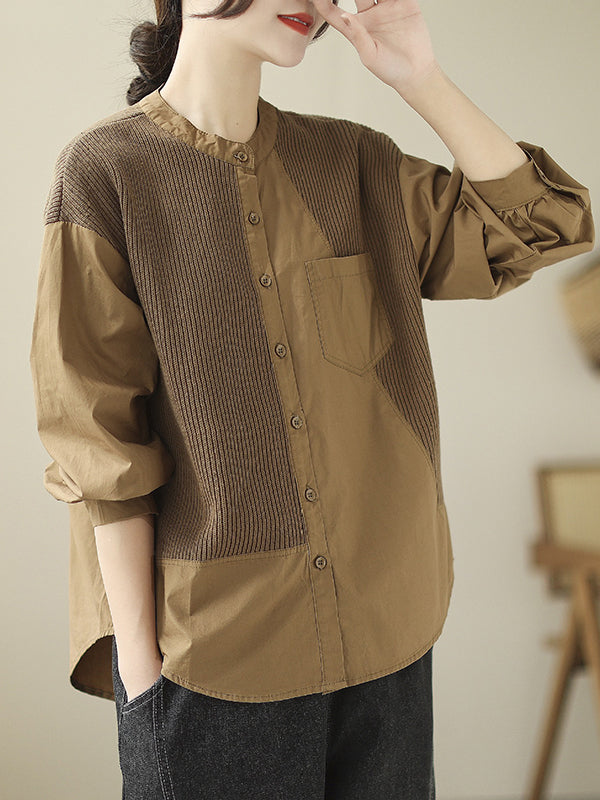 Asymmetric Buttoned Pockets Split-Joint Long Sleeves Loose Round-Neck Blouses&Shirts Tops