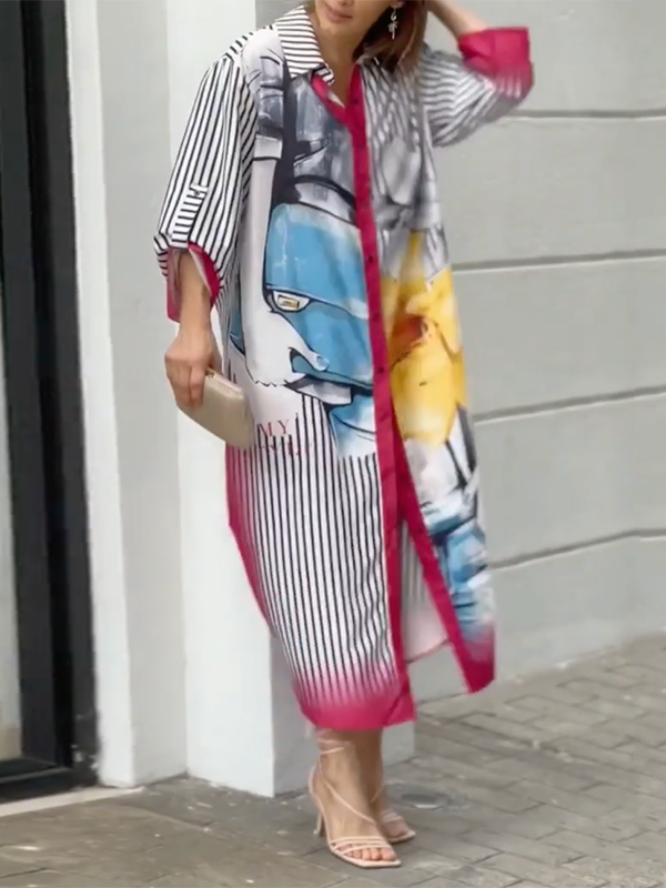 Long Sleeves Loose Asymmetric Printed Striped Lapel Collar Midi Dresses