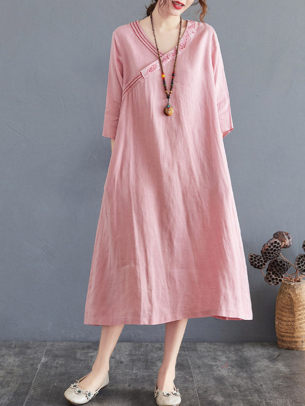 Cotton Blend V-Neck Embroidered Midi Dress