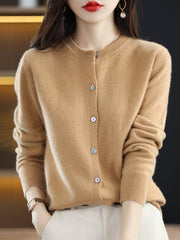 Buttoned Elasticity Long Sleeves Round-Neck Knitwear Cardigan Tops