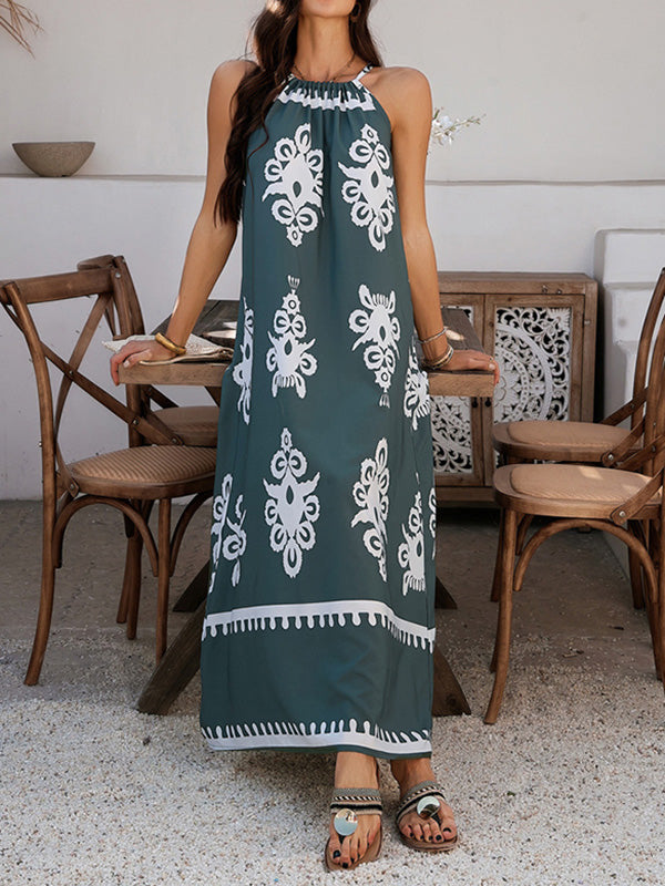 Contrast Color A-line Loose Halter-Neck Maxi Dresses