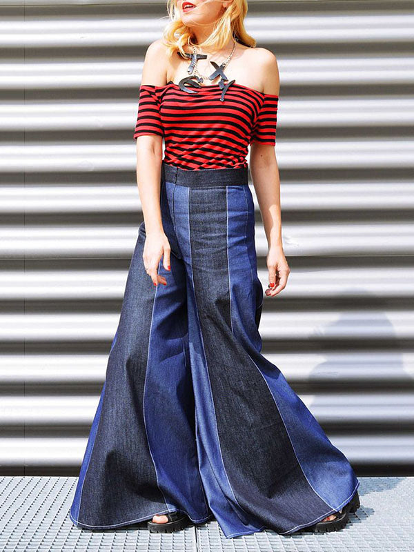 Contrast Color Zipper High Waisted Loose Jean Pants Bottoms Flared Trousers