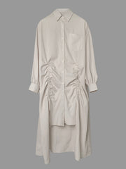 Buttoned Drawstring Pleated Pockets Solid Color High-Low Long Sleeves Lapel Midi Dresses