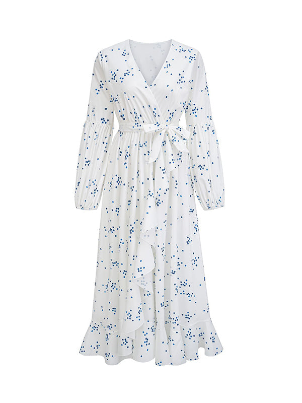 Pleated Polka-Dot Tied Waist High Waisted High-Low V-Neck Maxi Dresses