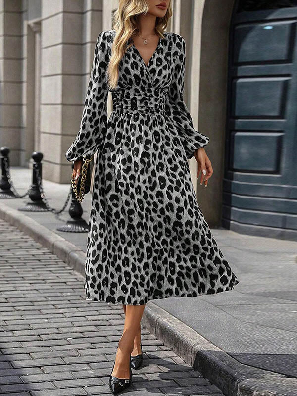 Contrast Color Leopard Pleated Split-Joint Elasticated Waist High Waisted V-Neck Maxi Dresses