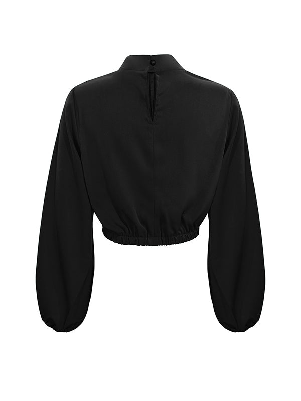 Elasticity Hollow Knot Pleated Ruffled Long Sleeves Puff Sleeves Mock Neck Blouses&Shirts Tops