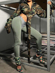 Buttoned Camouflage Pockets Tied Long Sleeves Loose Lapel Outerwear