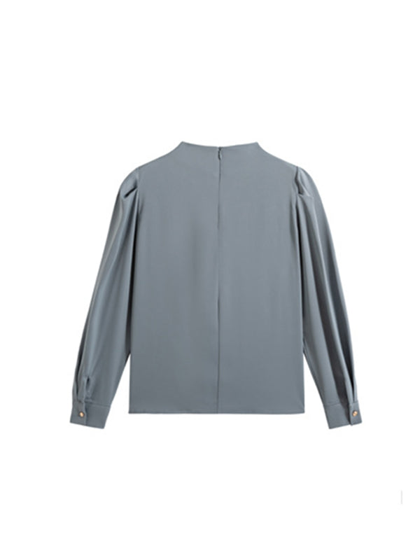 Pleated Split-Joint Loose Puff Sleeves High Neck Blouses&shirts Tops