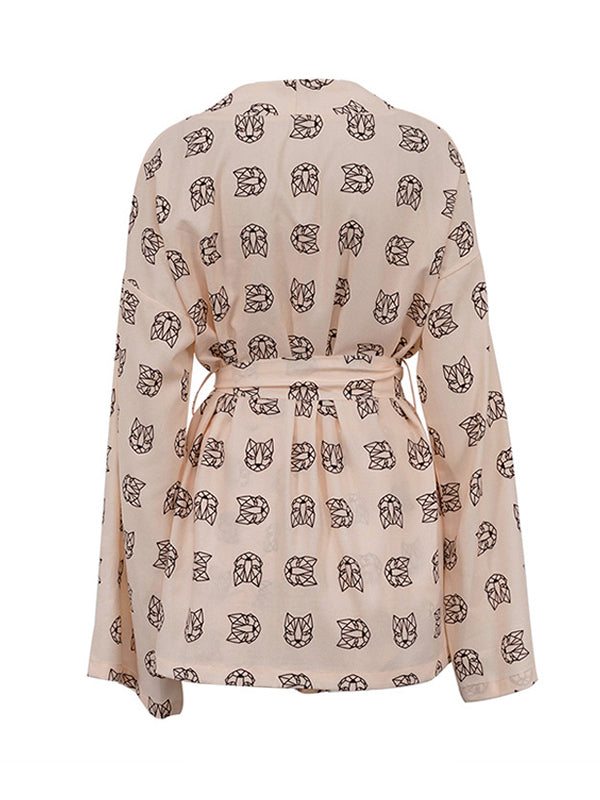 Loose  Printed  Long Sleeves Tied Waist Robes + High-Waisted Short Bottom Robes Pajama Sets