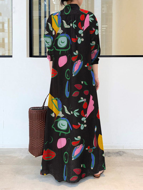 Buttoned Pockets Printed Long Sleeves Loose Lapel Shirt Dress Maxi Dresses