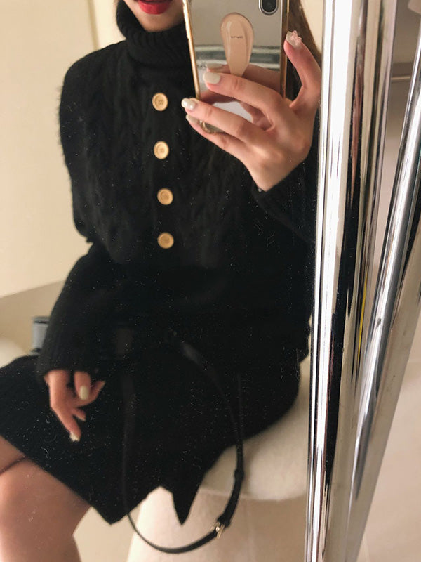 Original Stylish Buttoned Shawl High-Neck Long Sleeves Sweater Dress