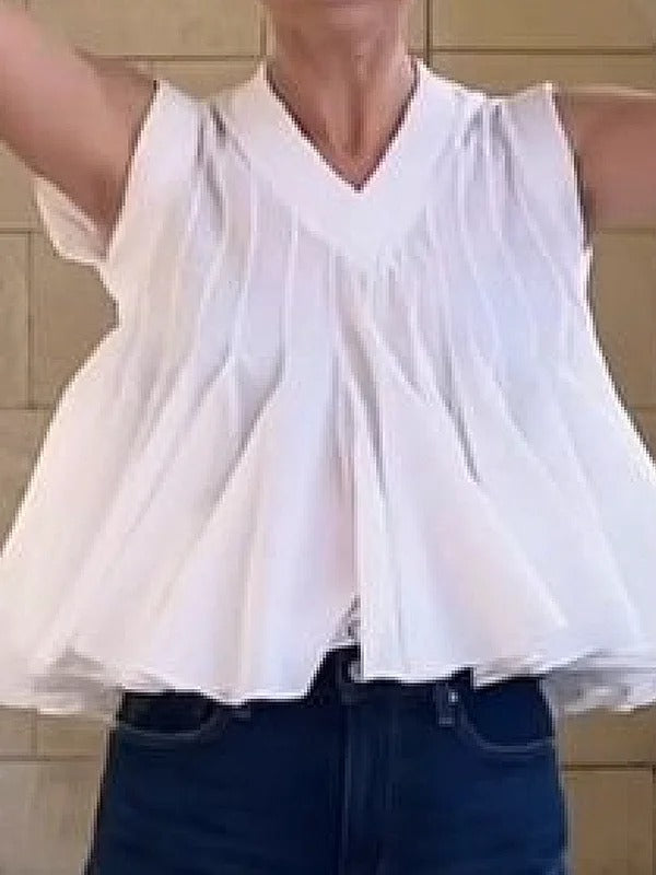 Pleated Solid Color Split-Joint Loose Sleeveless V-Neck Vest Top