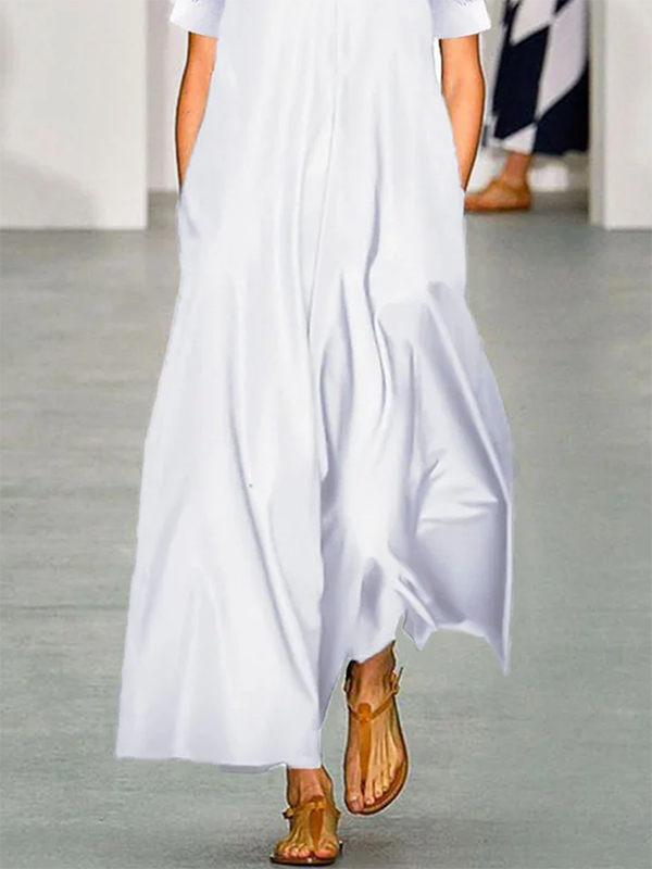 Falbala Solid Color Loose Short Sleeves Off-The-Shoulder Maxi Dresses