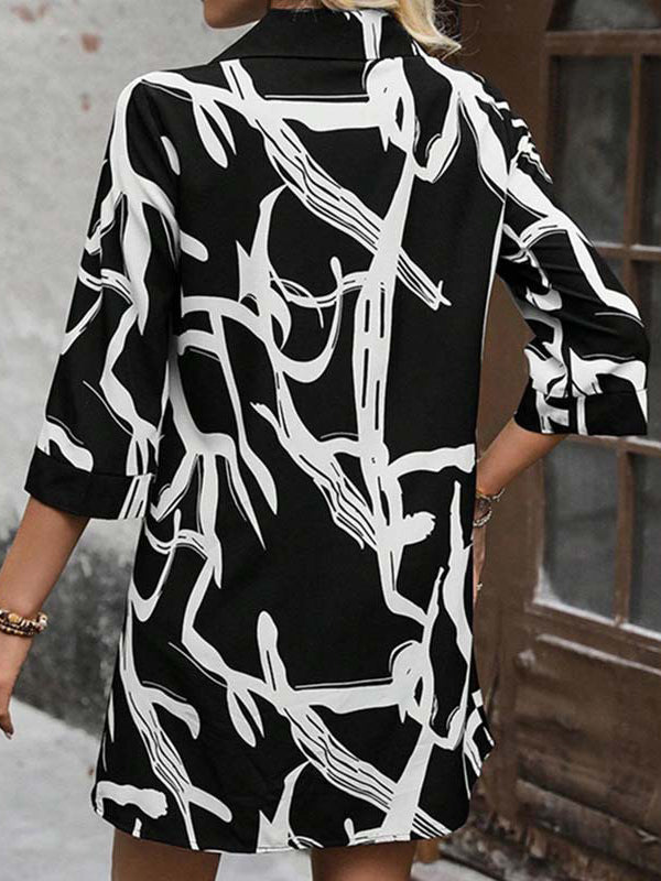 Buttoned Printed Loose Nine-Minute Sleeve Lapel Mini Dresses