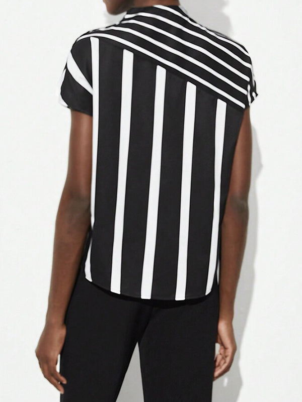 Asymmetric Split-Joint Striped Batwing Sleeves Loose High Neck T-Shirts Tops