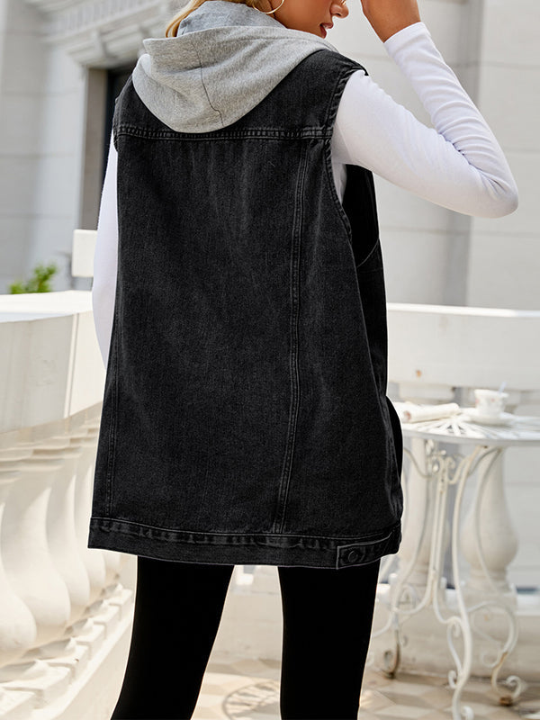 Buttoned Detachable Drawstring Hooded Pockets Split-Joint Loose Sleeveless Polo Vest Outerwear