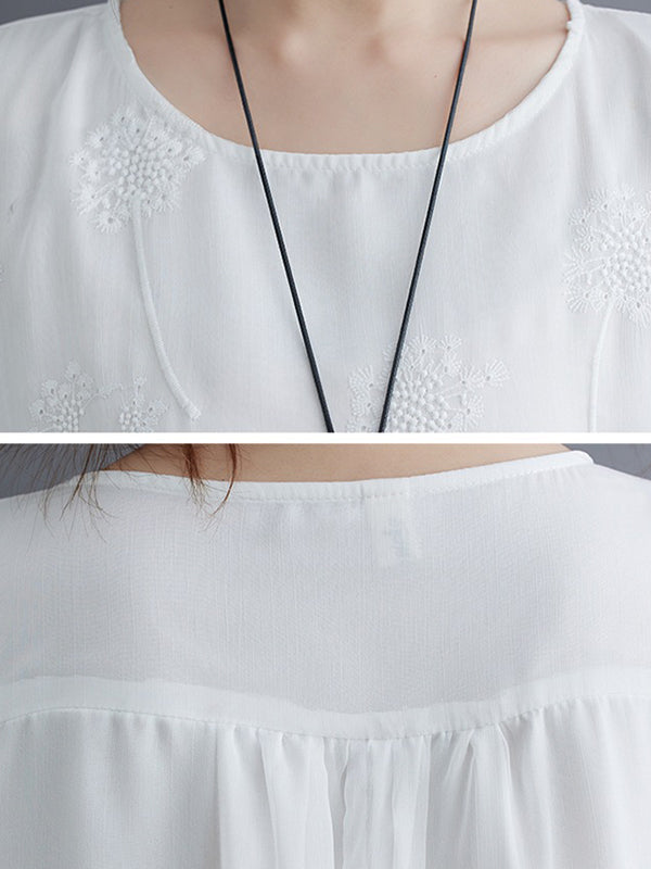 Gauze Split-Joint Loose Three-Quarter Sleeves Round-Neck Midi Dresses
