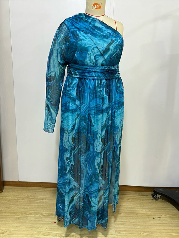 Asymmetric Pleated Printed Split-side A-line High Waisted One-shoulder Maxi Dresses