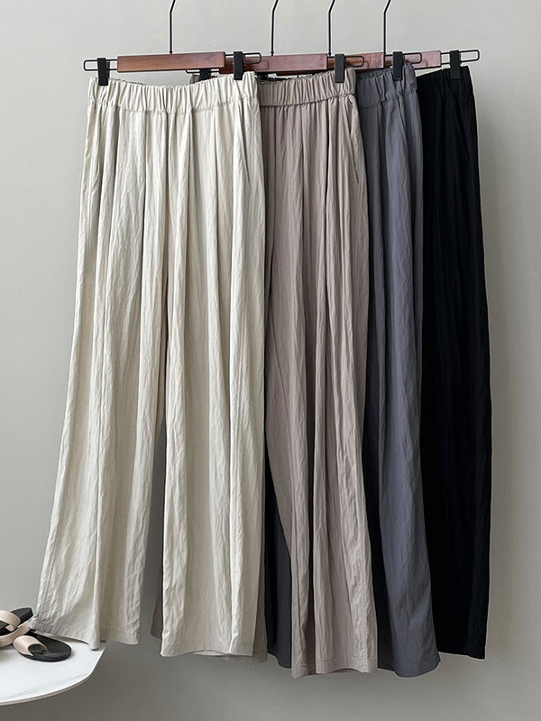 Elasticity Pleated Solid Color High Waisted Wide Leg Trousers Casual Pants Bottoms