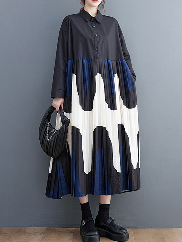 Contrast Color Pleated Printing Split-Joint A-Line Long Sleeves Polo Midi Dresses