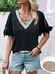 Hollow Sequined Split-Joint Tied Loose Short Sleeves V-Neck T-Shirts Tops