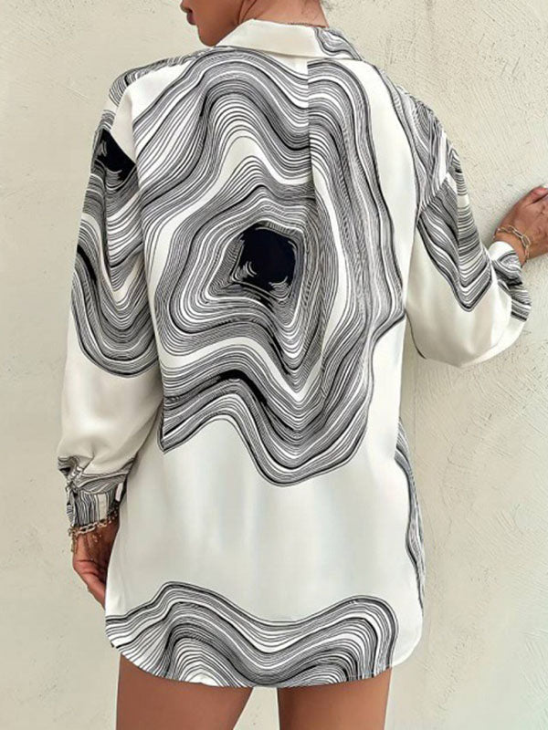 Printed Split-Joint Long Sleeves Loose Lapel Blouses