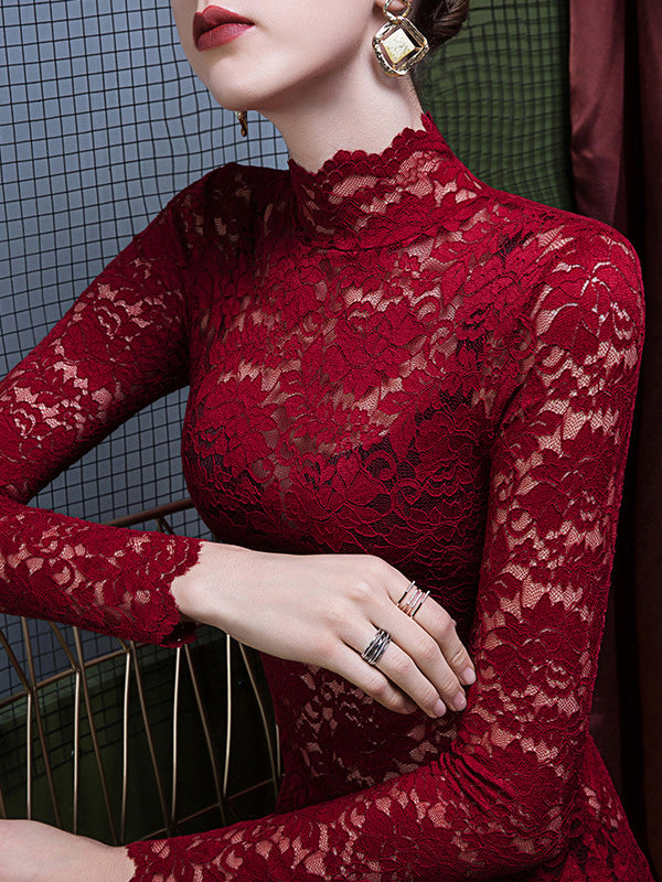 Gauze See-Through Split-Joint Long Sleeves Plus Size High Neck T-shirts