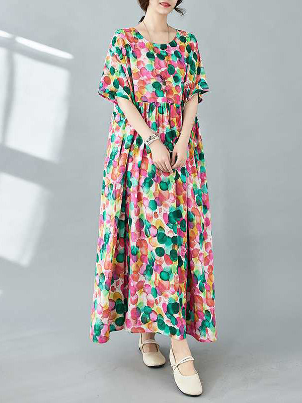 Pleated Polka-Dot Printed Split-Joint Half Sleeves Loose Round-Neck Midi Dresses