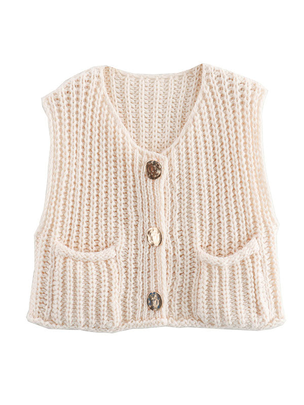 Buttoned Pockets Loose Sleeveless V-Neck Vest Outerwear