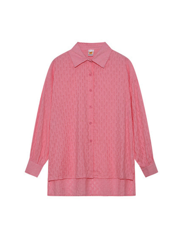 Buttoned Jacquard High-Low Long Sleeves Solid Color Lapel Shirts Top +Shorts Bottom Two Pieces Set