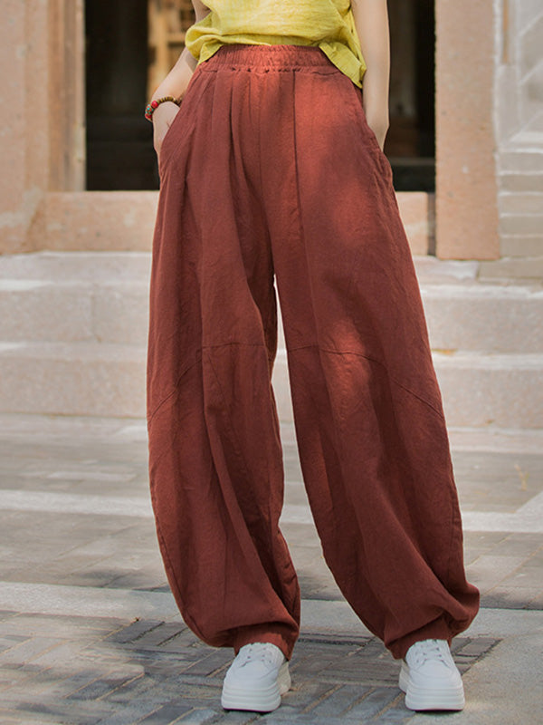 Elasticity Pockets Solid Color Split-Joint Loose Pants Cropped Trousers
