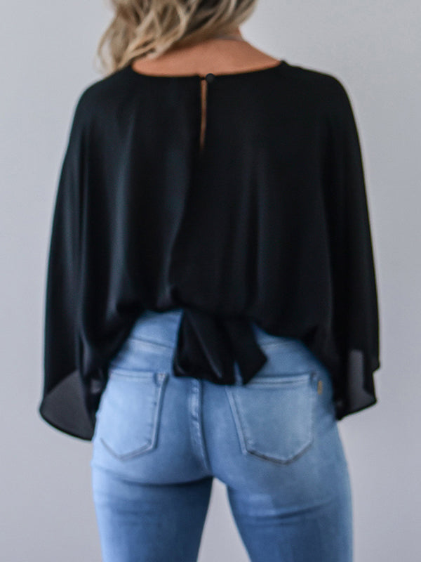 Solid Color Loose Three-quarter Sleeves Deep V-Neck Blouses&shirts Tops