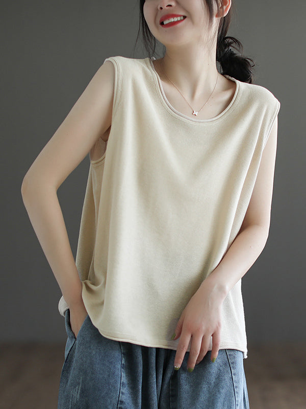 Solid Color Loose Sleeveless Round-neck Knitting Vest Top