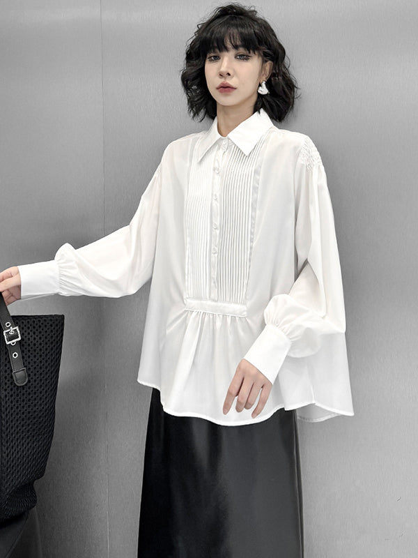 Buttoned Pleated Solid Color Long Sleeves Loose Polo Blouses&Shirts Tops