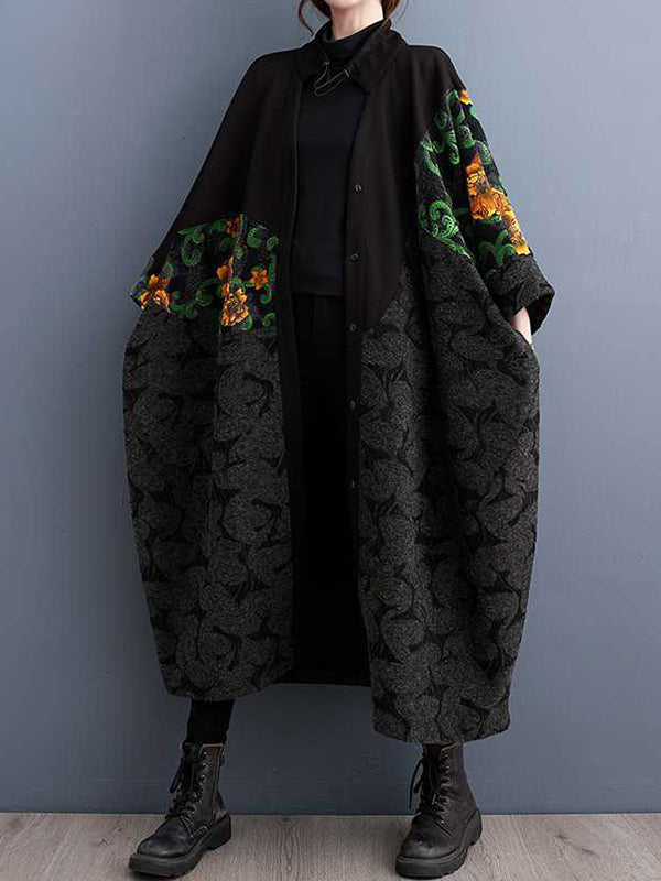 Buttoned Drawstring Flower Print Split-Joint Long Sleeves Loose Collarless Trench Coats