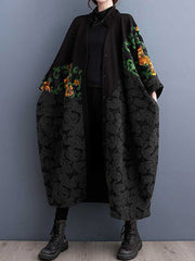Buttoned Drawstring Flower Print Split-Joint Long Sleeves Loose Collarless Trench Coats