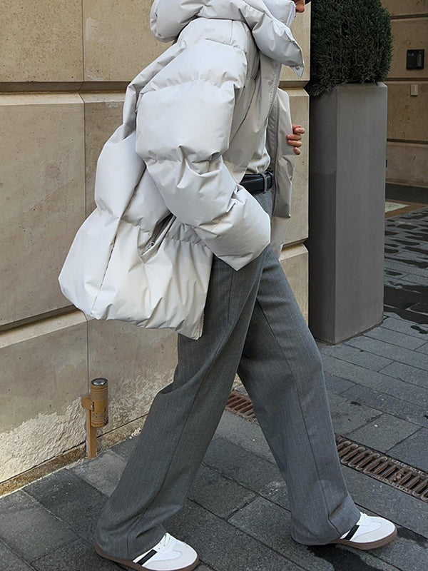 Long Sleeves Loose Solid Color Split-Joint Hooded Padded Coat