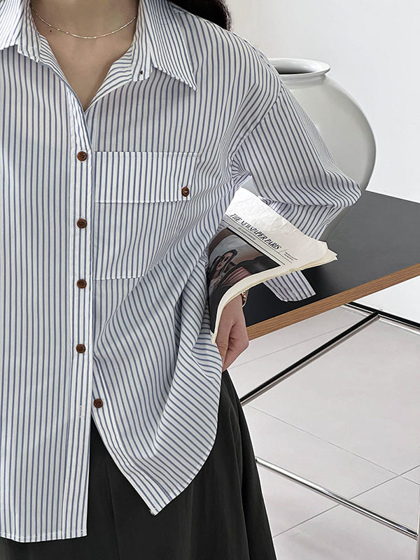 Buttoned Pockets Striped Long Sleeves Loose Lapel Blouses&Shirts Tops